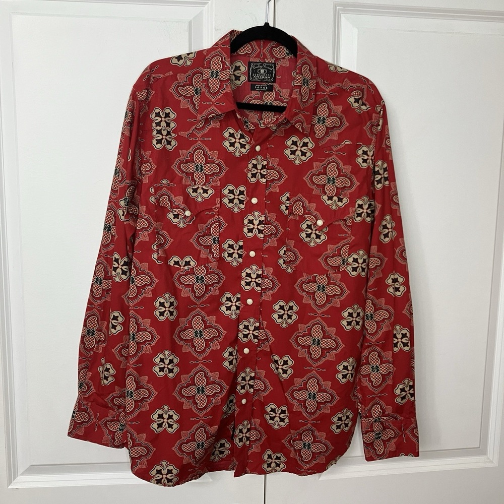 Lucky Brand Button Up Shirt Mens L Red Western Paisley Pearl Snap Rodeo Stampede